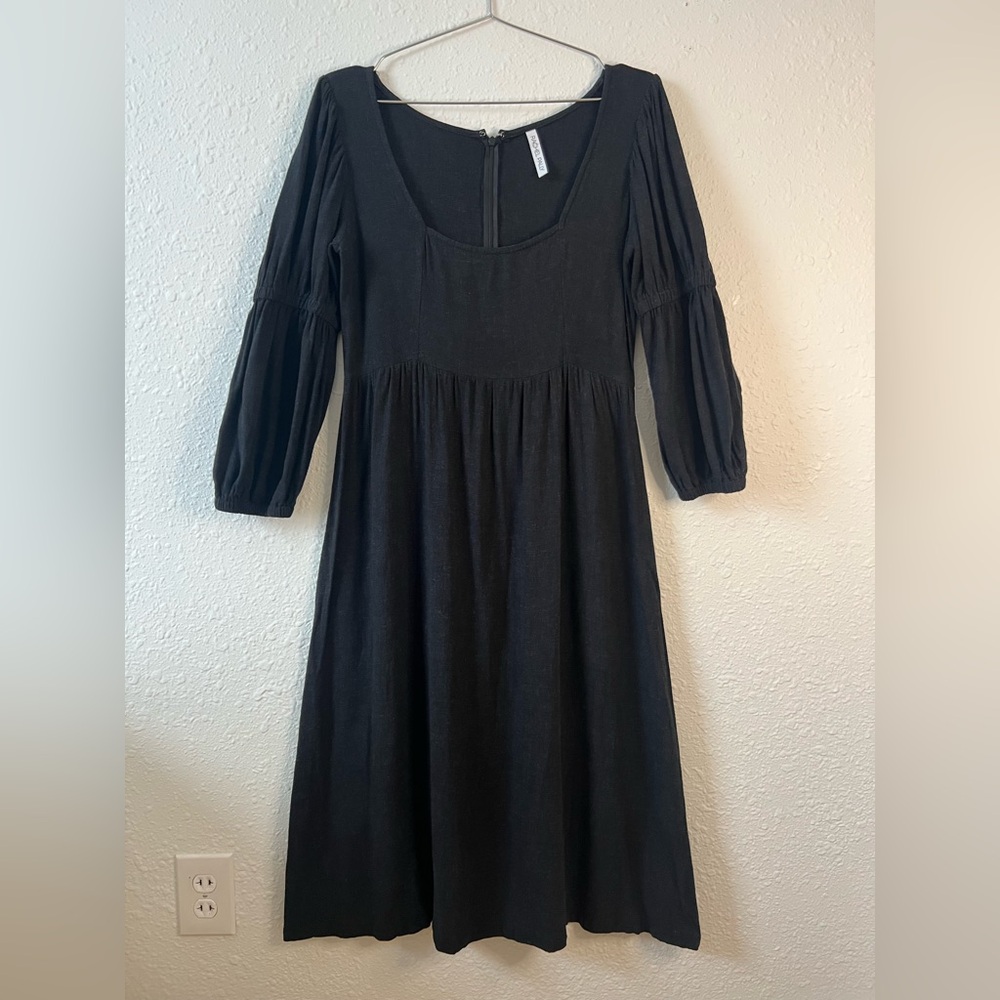 Rachel Pally Black Midi Dress | Puff Sleeve Empire Waist | L